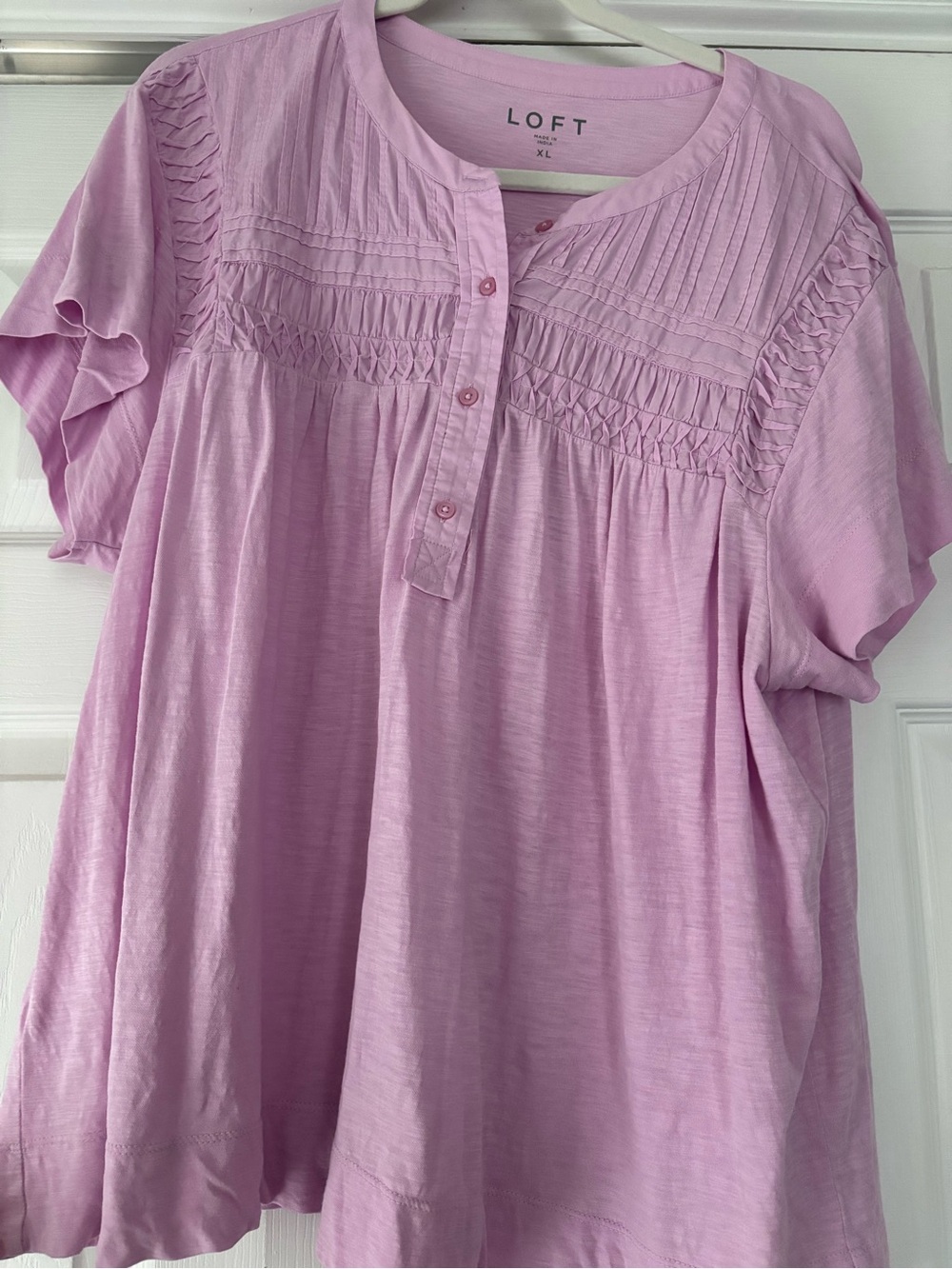 LOFT Lilac Pintuck & Smocked Short-Sleeve Tunic